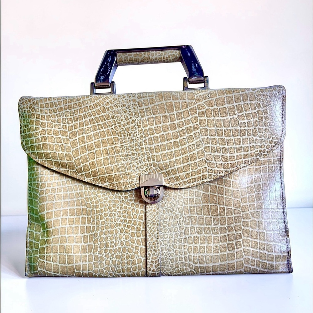 Vintage Leather Top Handle Croc Embossed Handbag Italy